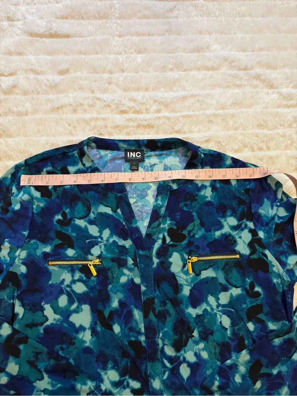 INC International Concepts Blue Print Zip-Pocket Shirt